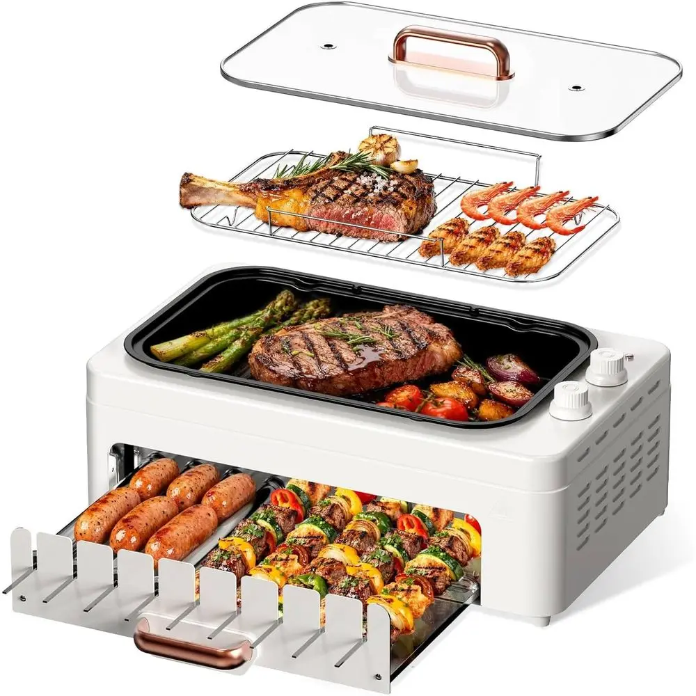 Hot Dog Roller Grill - 4-in-1 Indoor Countertop Grill: Removable Pan,